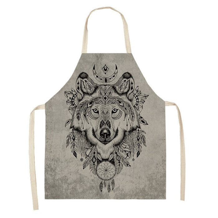 Star Moon & Wolf Head Print Kitchen Apron