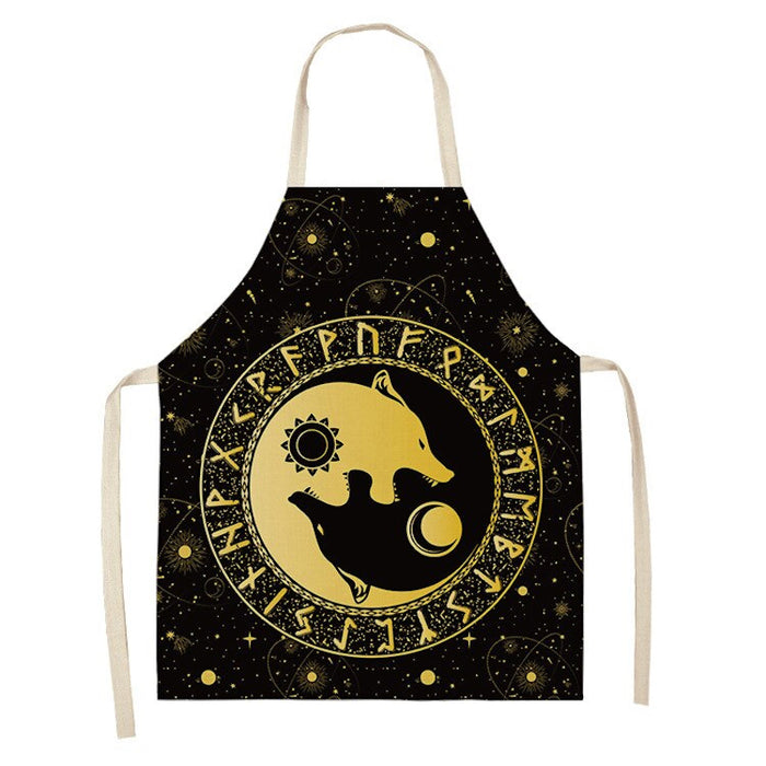 Star Moon & Wolf Head Print Kitchen Apron