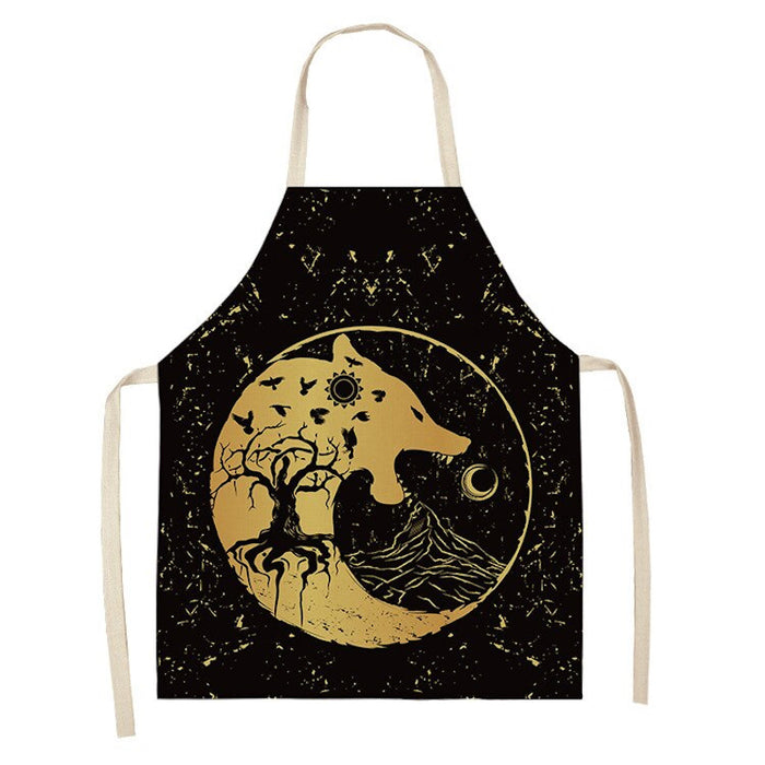 Star Moon & Wolf Head Print Kitchen Apron