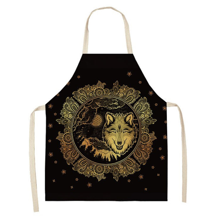 Star Moon & Wolf Head Print Kitchen Apron