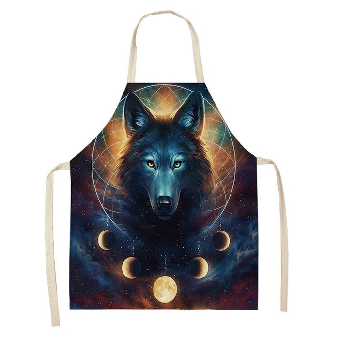 Star Moon & Wolf Head Print Kitchen Apron