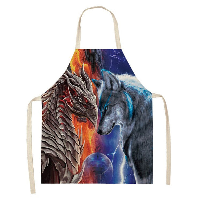 Star Moon & Wolf Head Print Kitchen Apron