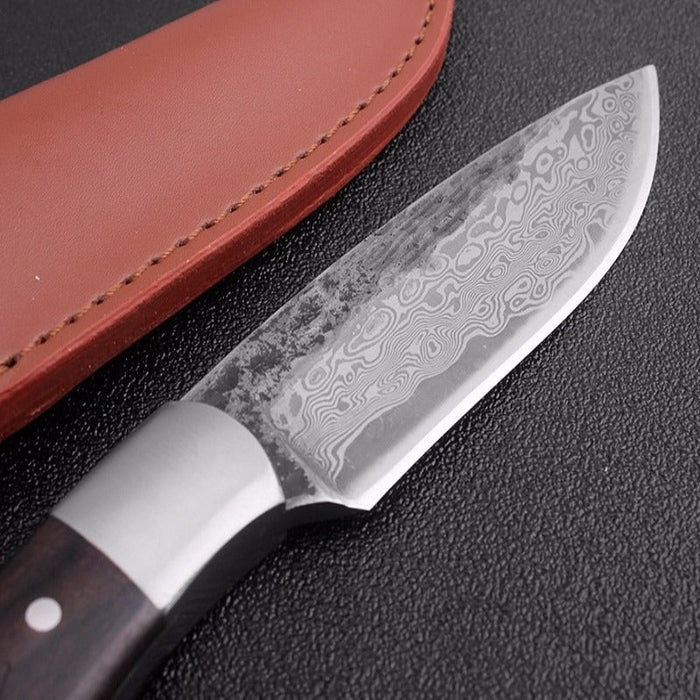 High-Carbon Steel Damascus Pattern Fixed Edge Cleaver Knife