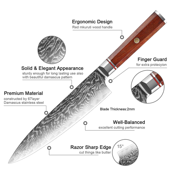 8 inch Rosewood Octagonal Handle Damascus Kitchen Chef Knife