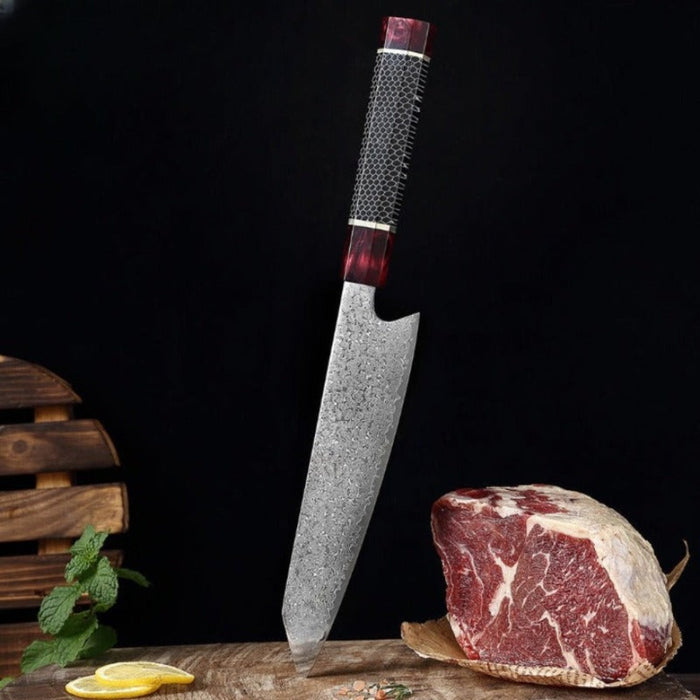 Chef Knife in Damascus Steel Red Black Resin