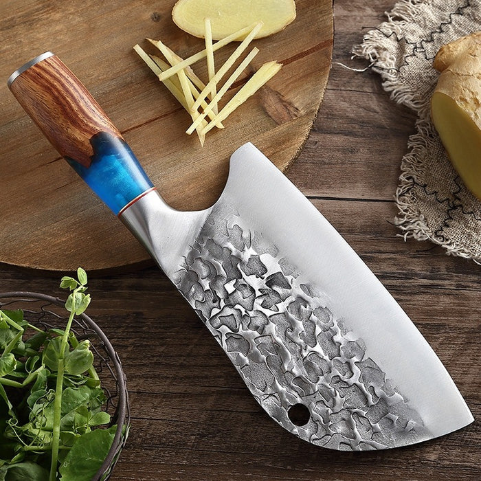 Forged Steel Chef Knife With Blue Resin Wood Handle