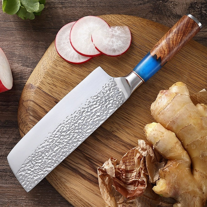 Hammer Pattern Chef Knife With Blue Resin Wood