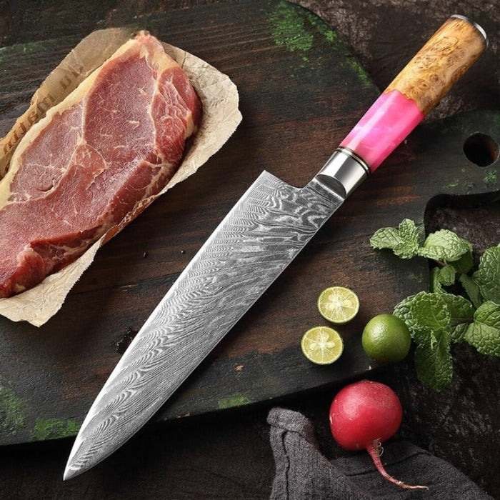 8-Inch Damascus Pink Resin Elegant Chef Knife