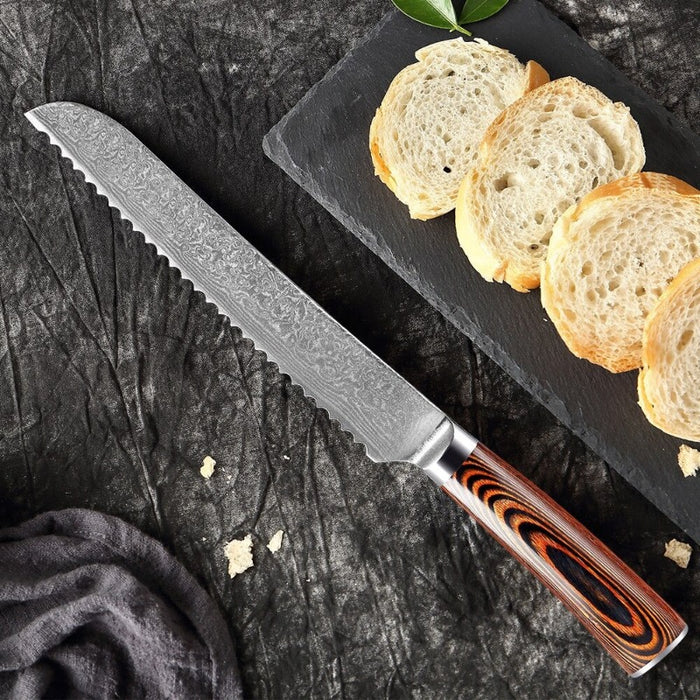 Wood Handle Damascus Steel 8 Inch Bread Knife