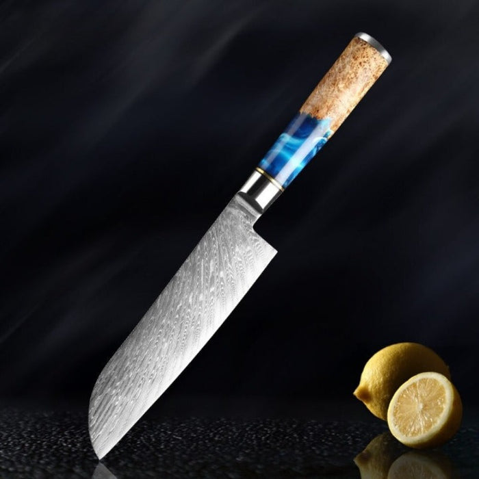 Damascus Steel Santoku Knife Blue Resin Color Wood Handle