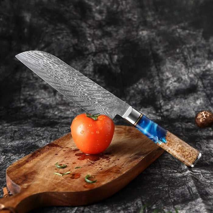 Damascus Steel Santoku Knife Blue Resin Color Wood Handle