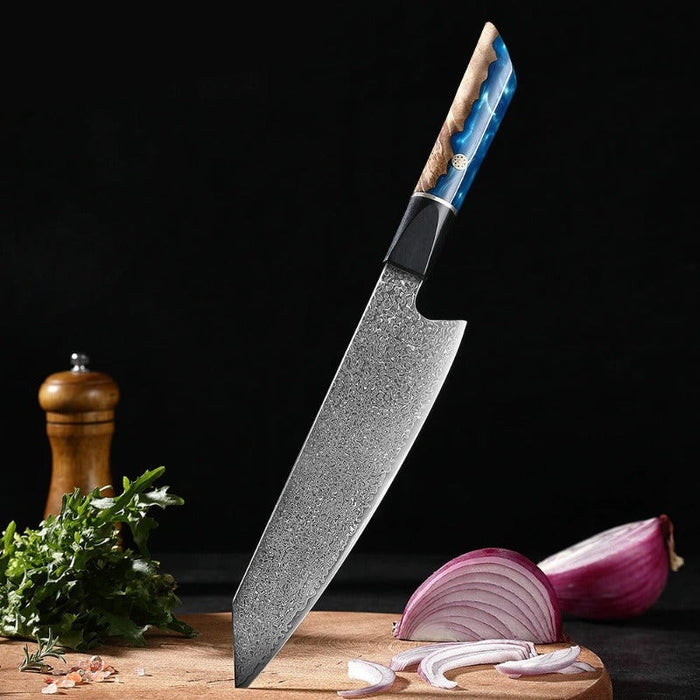 Damascus Steel Chef Knife With Blue Resin Handle