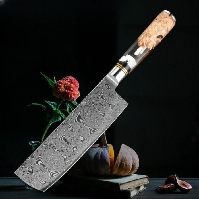 Damascus Steel Rose Pattern Cleaver Knife