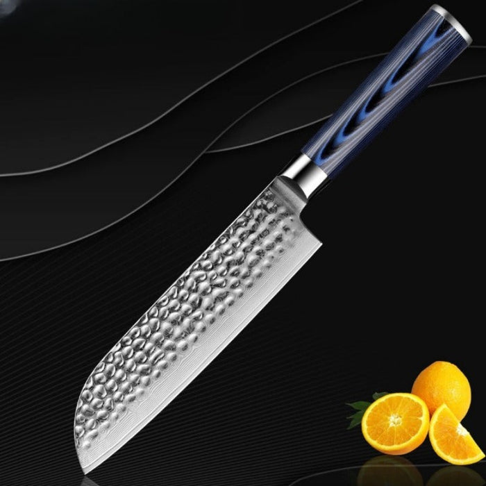 Blue Round Handle Damascus Steel Santoku Knife