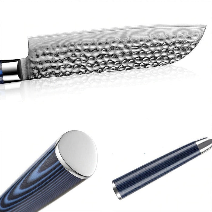 Blue Round Handle Damascus Steel Santoku Knife